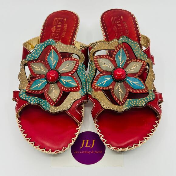L'Artiste Spring Step Women's Enah Red Leather Floral Sandals Size 39 EU/ 8.5 US - Picture 3 of 13